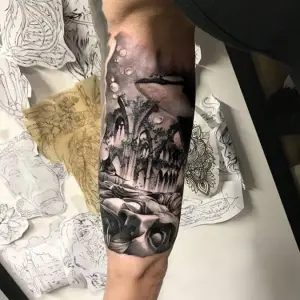 full sleeve tattoo black and grey
