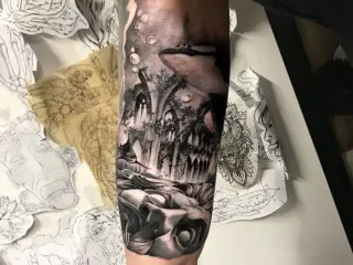 full sleeve tattoo black and grey